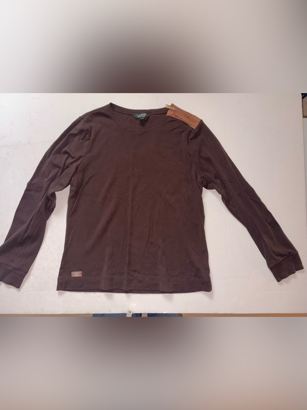 Lauren Ralph Lauren size XL brown top with faux leather accent
